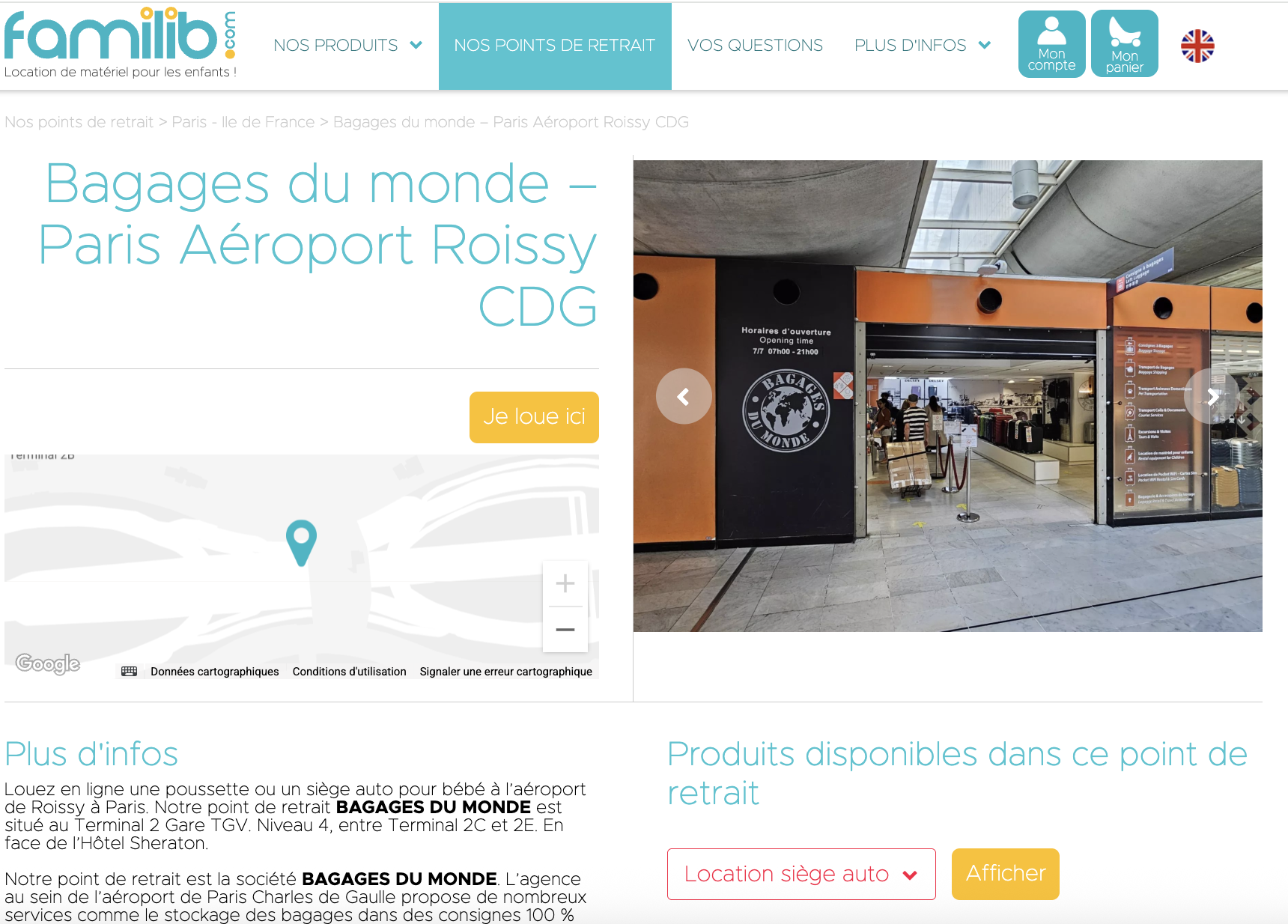 location siège-auto bébé aéroport Roissy 